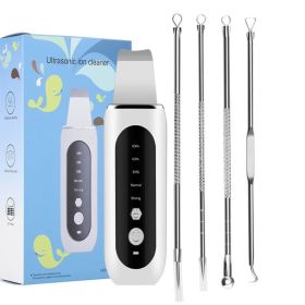 Ultrasonic Skin Scrubber Peeling Shovel EMS Acne Blackhead Remover Face Deep Cleansing Facial Lifting Devices Comedo Extractor (Color: White KIT)